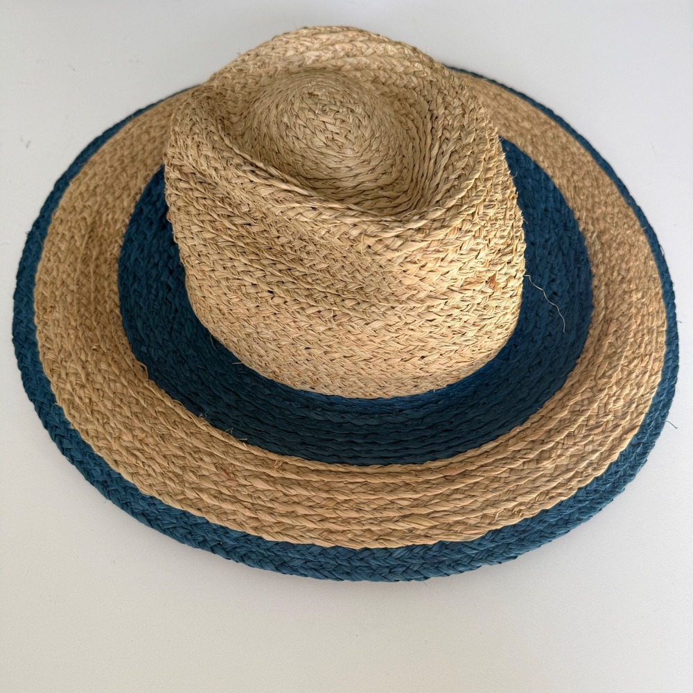 Brixton Joanna Straw Sun Hat Tan Blue Striped Wide Brim Boater Medium vacation